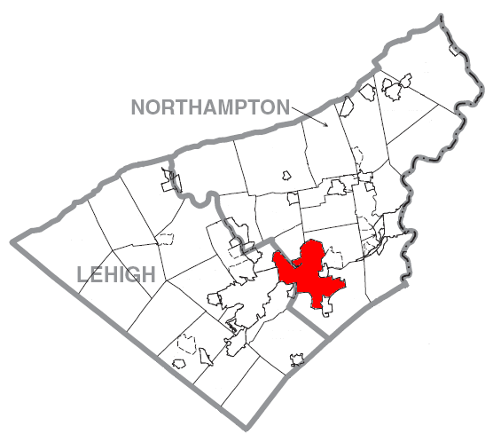  Umístění města Bethlehem v okresech Lehigh a Northampton v Pennsylvánii